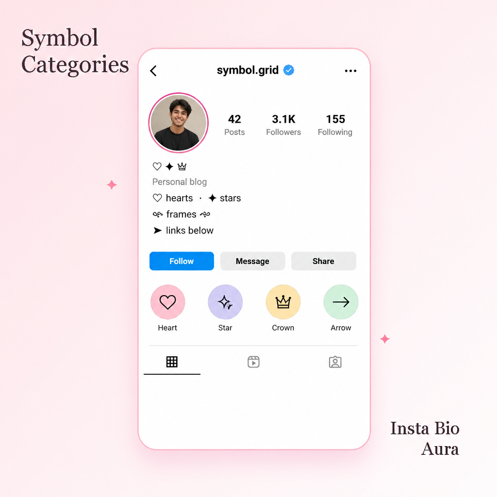 Instagram bio symbols by category — hearts stars dividers