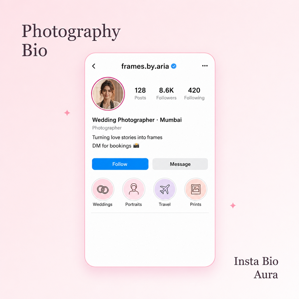 Photography bio for Instagram formula showing niche location tagline and CTA
