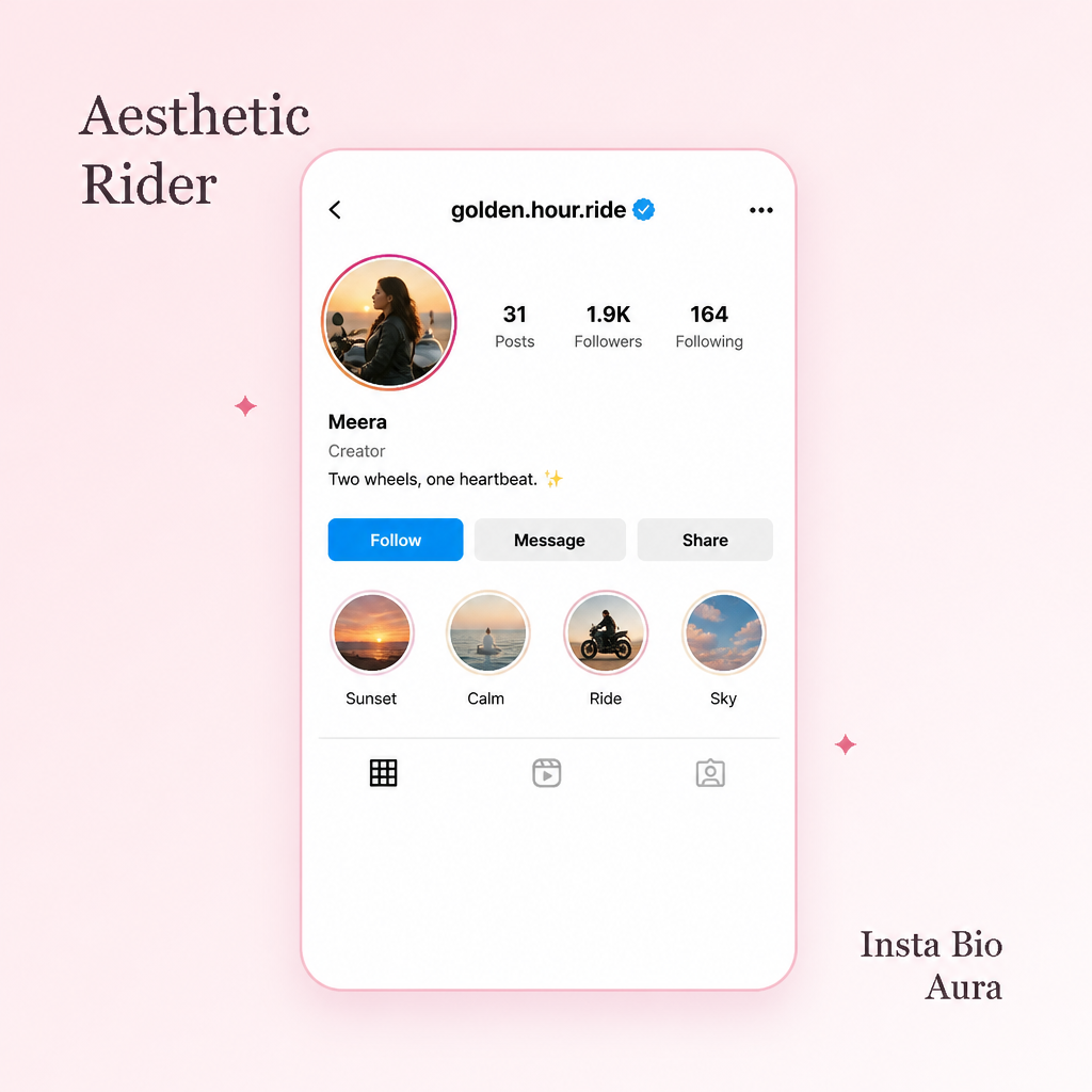 Short aesthetic rider bios for Instagram with calm sunset-ride energy